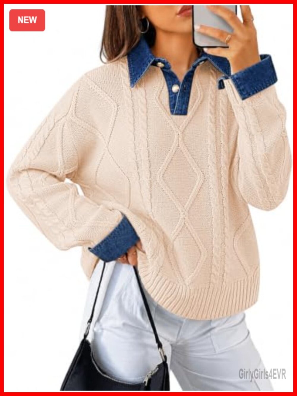 Womens Cable Knit Sweater Denim Polo Pullover Button Down Collar Chunky